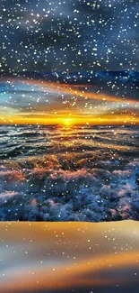 Vivid ocean sunset with waves and a starry sky.