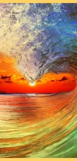 Vivid sunset wave crashing vividly on the ocean shore.