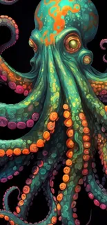 Vibrant octopus art with turquoise hues on black background.