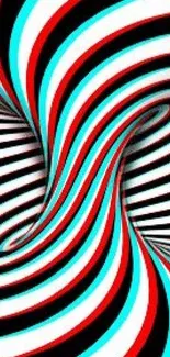 Colorful optical illusion wallpaper with swirling patterns in black, red, and blue.