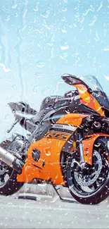 Orange motorcycle with water droplets background