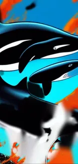 Vibrant mobile wallpaper featuring animated orcas.