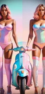 Vivid mobile wallpaper with pastel-toned models and a retro scooter on a beach.