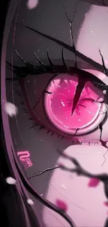 Vivid pink anime eye with artistic crack details, perfect for mobile wallpaper.