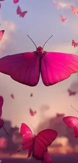 Vibrant pink butterflies gracefully flying in dreamy scene.