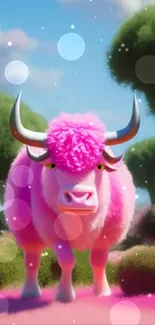 Pink cartoon yak standing in a colorful landscape with trees.