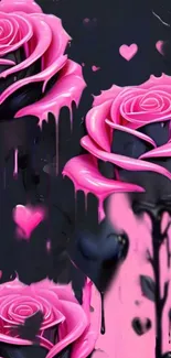 Vivid pink roses with dark artistic drips on a wallpaper.