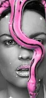 Pink snake on grayscale background art wallpaper.