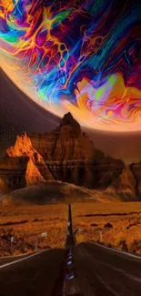 Colorful planet over desert landscape wallpaper.