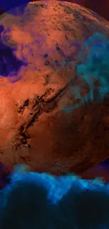 Red planet surrounded by vibrant neon clouds wallpaper.