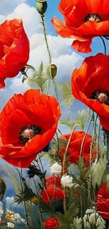 Vibrant red poppies against a blue sky.