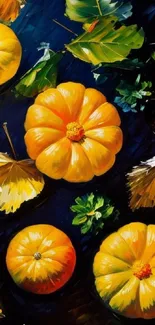 Artistic wallpaper of autumn pumpkins and leaves with vibrant colors.