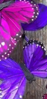 Vivid purple butterflies on a wood textured background.