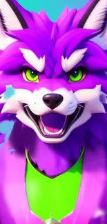 Vibrant purple cartoon fox with green eyes on a vivid background.