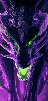 Vivid purple dragon with glowing green eyes, digital fantasy artwork.