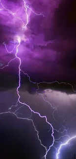 Dramatic purple lightning electrifies the night sky.