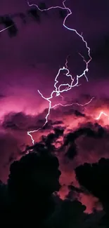 Purple lightning illuminating stormy clouds.