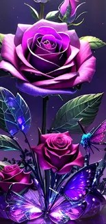 Purple rose with butterflies on a neon background.