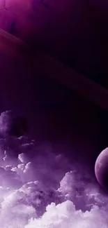 Purple celestial wallpaper with planets and clouds.