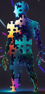 Colorful puzzle piece silhouette on dark background wallpaper.