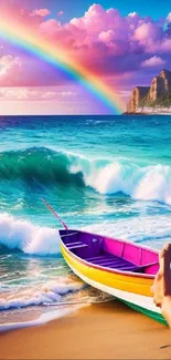 Colorful boat on beach with rainbow and waves.