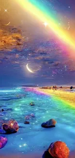 Colorful beach with rainbow and ocean.