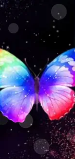 Vibrant rainbow butterfly on black background with cosmic elements.