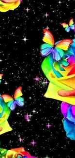 Colorful rainbow roses and butterflies on a starry black background.