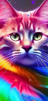 Colorful rainbow cat with neon hues art wallpaper.