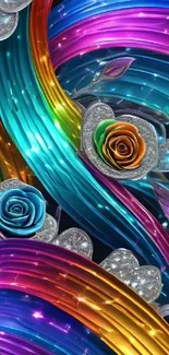 Colorful rainbow roses with shimmering metallic waves in a digital wallpaper.