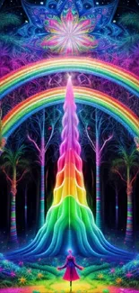 Vibrant rainbow forest with magical landscape and colorful trees.