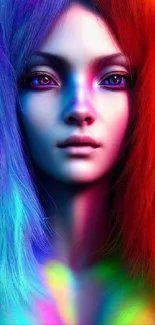 Colorful portrait with rainbow hair on mobile wallpaper.