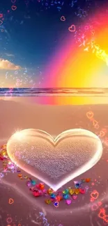 Heart in sand with a rainbow over ocean at sunset and colorful petals.