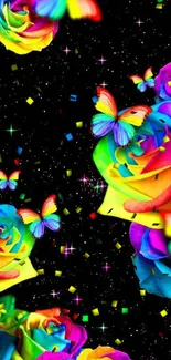 Colorful rainbow roses and butterflies on black background.