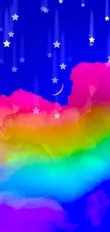 Vivid wallpaper with rainbow clouds and moon.