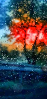 Raindrops on window with vivid red and blue hues creating a dynamic wallpaper.