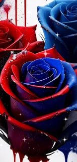 Artistic mobile wallpaper featuring red and blue roses with drips and splatters.