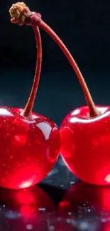 Glossy red cherries on a dark background.