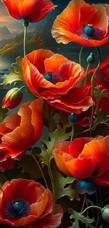 Vibrant red poppy flowers with lush green leaves and artistic background.