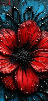 Vivid red flower with intricate black details on a textured blue background.