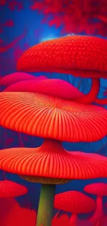 Vivid red mushrooms in a psychedelic forest setting with blue and red hues.