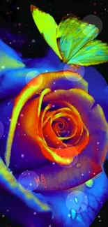 Vibrant blue rose with neon butterfly on cosmic background.