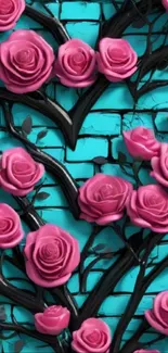 Vibrant pink roses on a blue brick wall background.