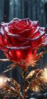 Vibrant red rose glowing in a dark forest setting.