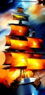 Vivid sailing ship wallpaper with orange sails and dramatic sky.