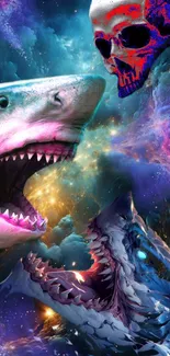 A vibrant wallpaper featuring sharks with a skull in a cosmic galaxy background.