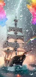 Colorful ship wallpaper with rain and rainbow on a mobile phone screen.