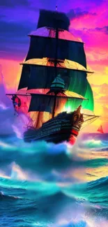 Vibrant ship sailing on colorful, sunset-lit waters.