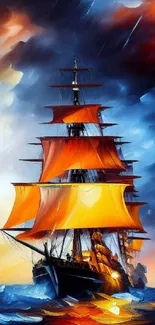 Colorful ship sailing in stormy sea with vivid orange sails.