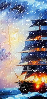 Vivid painting of a ship sailing under a dramatic cloudy sky.